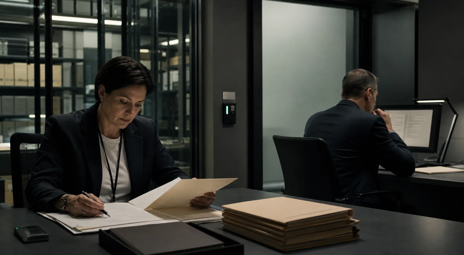 Two compliance professionals independently reviewing an assembled evidence packet in a secure records room
