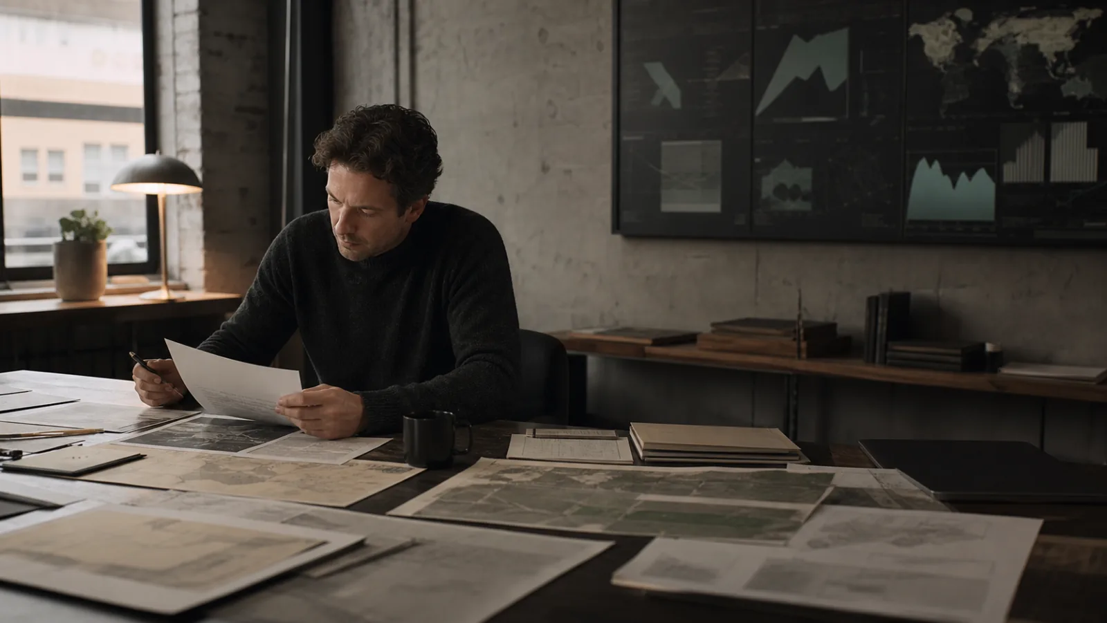 An analyst reviewing a prepared set of market evidence in a quiet strategy room
